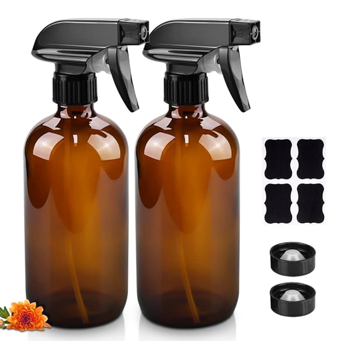 Worldgsb Glass Spray Bottles, 16oz Refillable Containers, Empty Boston Round Bottles with Labels & Adjustable Nozzle for Cleaning, Gardening, Aromatherapy, Pets, Plant, Hair -Amber (2 Pack)