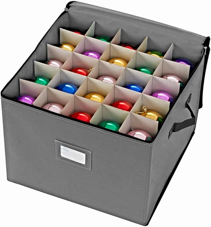 ProPik Holiday Ornament Storage Box Organizer Chest, With 3 Trays Holds Up to 75 Ornaments Balls, With Dividers To Organize (Grey)