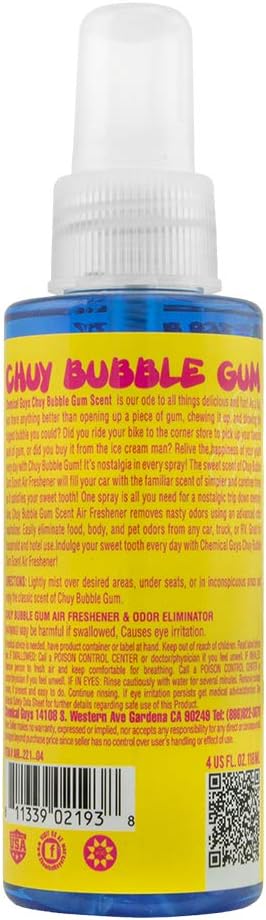 Chemical Guys AIR_221_04 Chuy Bubble Gum Premium Air Freshener and Oder Eliminator, Bubble Gum Scent (Great for Cars, Trucks, SUVs, RVs & More) 4 fl oz