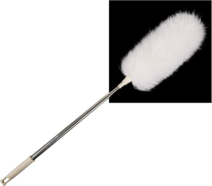FeelfunFeather Extendable Lambswool Duster 29-110 Inch,Anti-Static Flexible Head, Stainless Steel Pole for Cleaning High Ceiling,Fan,Furniture,Roof Dusting