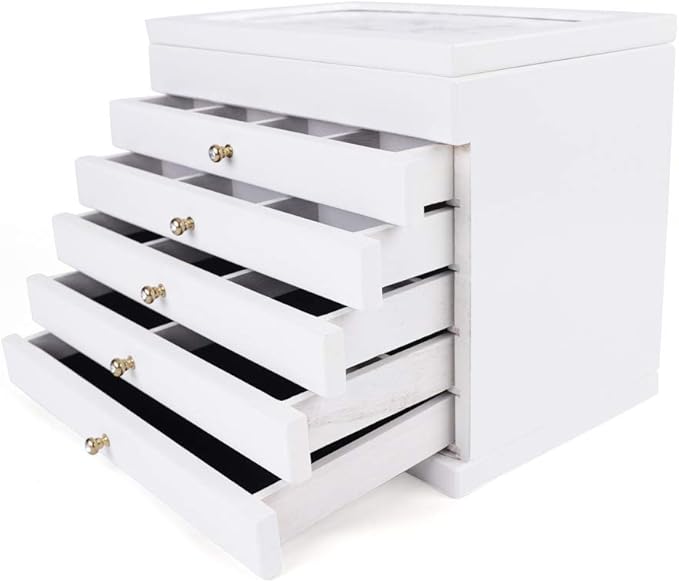 Jewelry Storage Organizer, 6 Layers with 5 Drawers Large Jewelry Organizer Wooden Storage Box Case for Woman (White)
