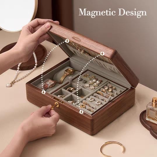 Bescott 2 Layer Solid Black Walnut Wooden Jewelry Box with Lock and Key for Women Wood Vintage Organizer for Men Earrings Rings Necklaces Bracelet Watch Storage Mother's Day Gift