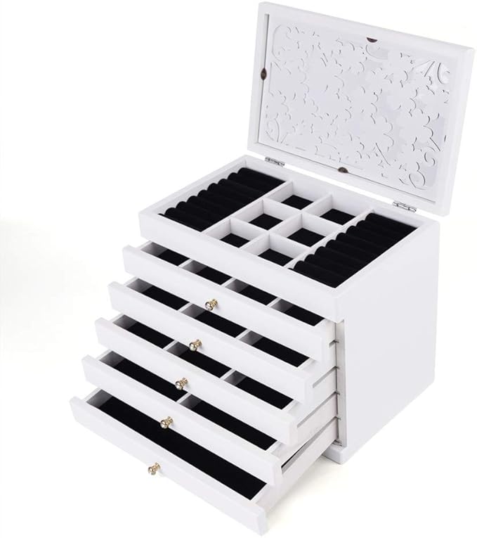 Jewelry Storage Organizer, 6 Layers with 5 Drawers Large Jewelry Organizer Wooden Storage Box Case for Woman (White)