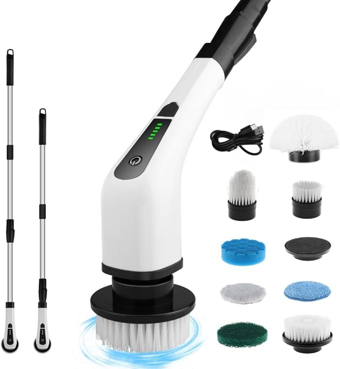 Electric Spin Scrubber, Cordless Cleaning Brush with 8 Replaceable Heads, Adjustable Handle, Dual Speed Power Scrubber for Bathroom, Bathtub, Floor, Tile, and Kitchen Cleaning