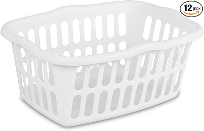 Sterilite 12-Pack Rectangular Laundry Basket, Plastic Clothes Hamper, 1.5 Bushel, White - Dirty Clothing Storage Organizer with Handles for Bedroom, Bathroom, and Closet