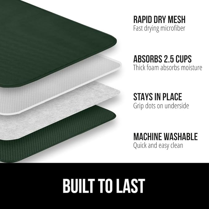 GORILLA GRIP Ultra Water Absorbent Microfiber Dish Drying Mat, Quick Dry Thick Mesh, Slip Resistant Pad for Sink Dishes or Under Rack, Kitchen Counter Accessories, Machine Wash, 18x16, Hunter Green