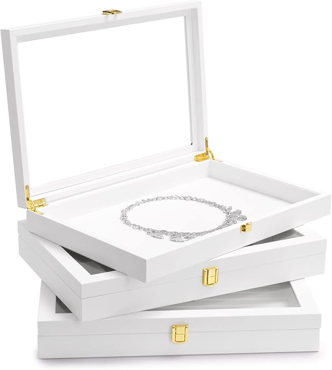 Oirlv White Jewelry Organizer Tray with Acrylic Lid Premium Leather Jewelry Box with Transparent Lid Drawer Insert Big Necklace Display Case(Flat Tray)