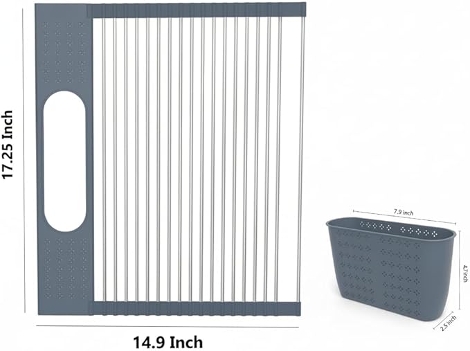 KEGFRES Roll Up Dish Drying Rack Over Sink, 17.5" x 15.2" Foldable SUS304 Stainless Steel Kitchen Dish Drainer, Heat-Resistant Multipurpose Rolling Sink Rack Organizer,Grey