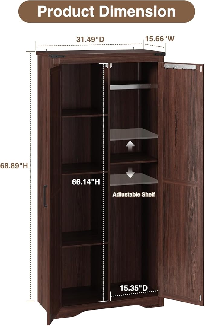 Farmhouse Storage Cabinet with Adjustable Shelves, Large Pantry Organize with 2 Barn Doors, Tall Freestanding Cabinet for Kitchen, Bathroom, Garage, Basement, Living, Utility Room, Brown | Adjustable Shelves, Large Pantry, 2 Barn Doors