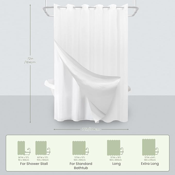 Inhousolu No Hook Waffle Weave Shower Curtain with Removable Snap in Fabric Liner Set for Bathroom, 230 GSM Heavy Duty Weighted Hem, Water Repellent Washable Bath Curtains, 72 x 72 Inch, White