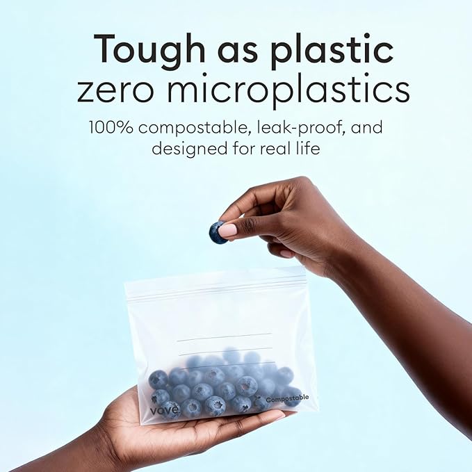 Vove Compostable Snack Bags 50 Ct – PFAS-Free, BPI Certified, Freezer Safe with Airtight Seal for Snacks & School Lunches, Plant-Based