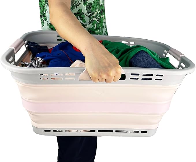 SAMMART 42L (11 Gallon) Collapsible Plastic Storage Basket - Foldable Pop Up Storage Container/Hamper - Portable Laundry Organizer - Space Saving (Grey/Pink, 42L (Style A))