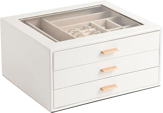 Jewelry Box with Glass Lid, 3-Layer Jewelry Organizer for Women Girls, PU Leather Display Case with 20-Grid Earring Tray & Movable Dividers for Necklaces Rings - Cloud White