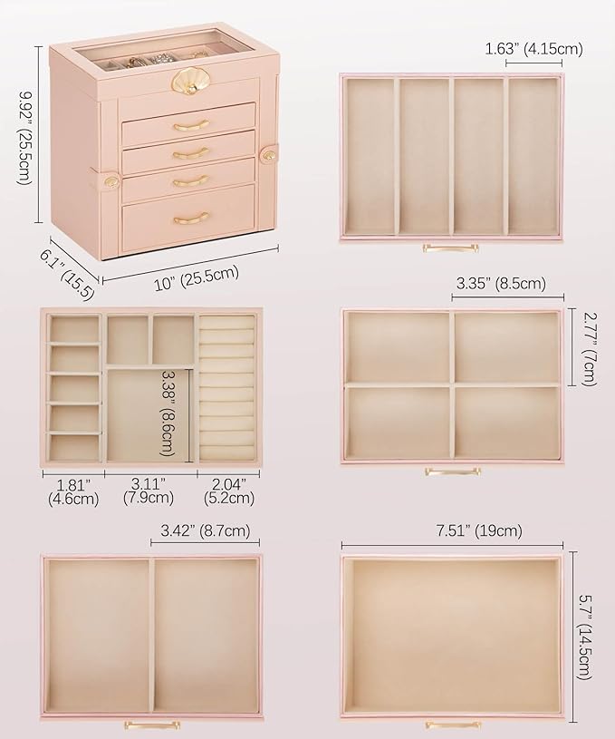 Jewelry Box with 4 Drawers : Display Organizer for Earrings Necklaces - Christmas Gifts for Girls Women (Peach Pink)
