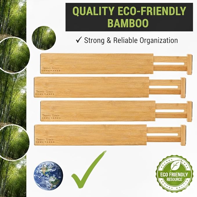 Thomas Grace Homewares Bamboo Kitchen Drawer Organizer Divider Stackable for Deep Drawers. (Set-of- 4) Spring Loaded Dividers that are Expandable & Adjustable. Kitchen Organizer.