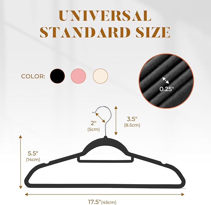 HOUSE DAY Velvet Hangers 20 Pack, Non-Slip Hangers with Tie Bar, Premium Standard Clothes Hanger Slim Felt Hanger 360° Swivel Hook for Closet Organized Storage，Elegance Black 72g/Pc
