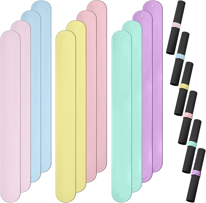 Charniol 12 Pieces Wrapping Paper Roll Holder Holiday Flip Wraps Silicone Covered Metal Strips Flip 1 x 9 Inch Stabilizer Slap Band for Poster Gift Paper Vinyl Storage Organize (Macaron Color)