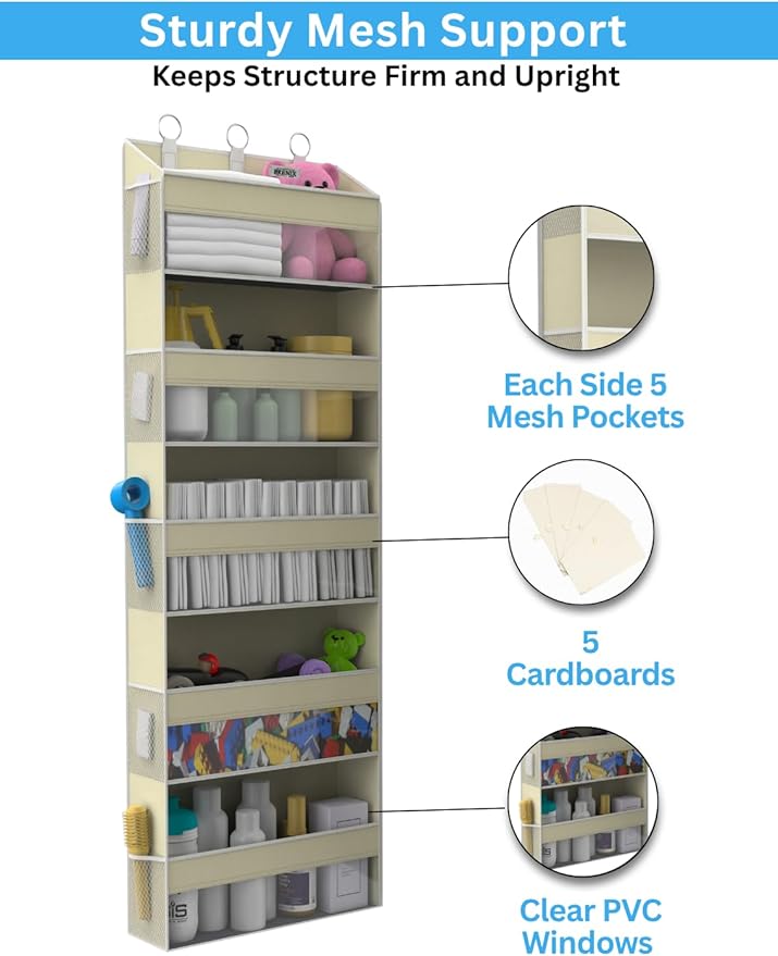 BRENIX Over the Door Organizer with 5 Large Pockets & 10 Mesh Side Pockets – Durable Hanging Storage for Closet, Bathroom, Bedroom, and Nursery– Space Saving Door Storage with Sturdy Metal Hooks.