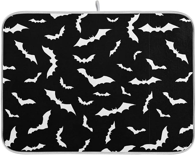 Black Bats Dish Drying Mat 16x18 for Kitchen Counter Happy Halloween Spooky Boo Dishes Pad Absorbent Fast Dry Dish Draining Mats Medium Kitchen Accessories