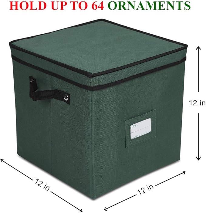 ProPik Christmas Ornament Storage Box, 4 Tier Holds Up to 64 Holiday Ornaments Decoration Balls, Storage Container with Dividers, Made with Durable 600D Oxford Polyester Material (Green)