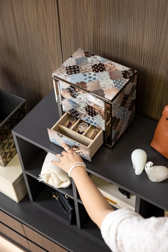 High End Glass Jewelry Box - 5 Layer Jewelry Organizer with 2-Sided Doors and Mirror - Velvet-Lined Organizer For Ring, Necklace, Earring, Bracelet Storage - Valentine's Day Gift For Women