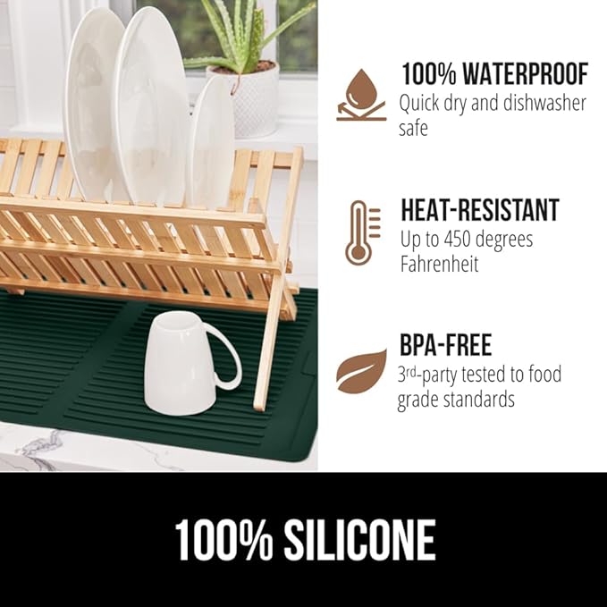 GORILLA GRIP 100% BPA-Free Silicone Dish Drying Mat for Kitchen Counter, 18x16, Quick Dry, Water Catching Ribbed Design, Easy Clean Waterproof Sink Liner, Heat Resistant, Fits Under Rack, Hunter Green