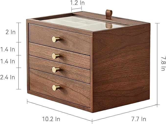 CHOSIN Black Walnut Wooden Jewelry Box for Women, Wood Jewelry Organizer 4 Layer with Glass Lid and Pull-out Necklace Storage Layer, for Watch Necklace Ring Earring Storage Valentine's Day Gifts