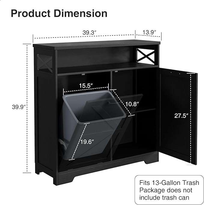 Tilt Out Trash Can Cabinet for 13 * 1 Gallon Trash Can, Farmhouse Kitchen Island Cabinet with Adjustable Shelf for Hidden Laundry Basket, Dog Proof Garbage Can for Dining Living Room, Black