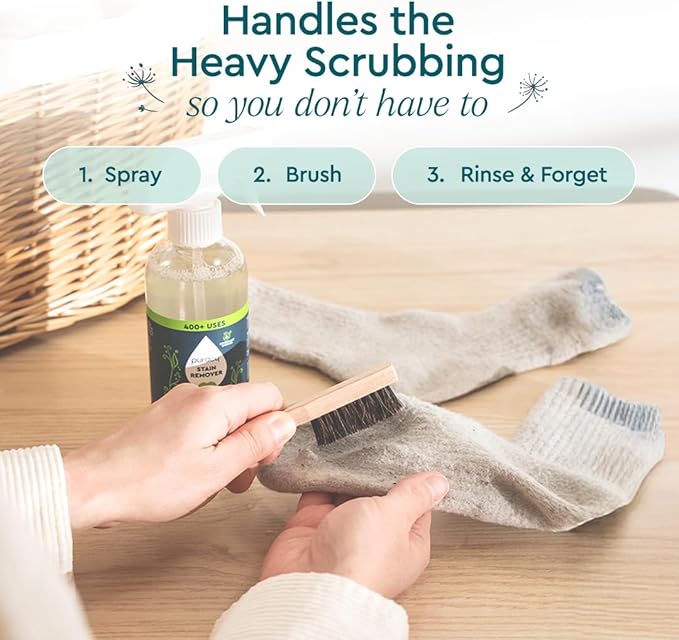Puracy Laundry Stain Remover Brush for Tough, Deep, and Aged Clothing Stains, with Vegan Bristles for Safe and Effective Stain and Odor Elimination