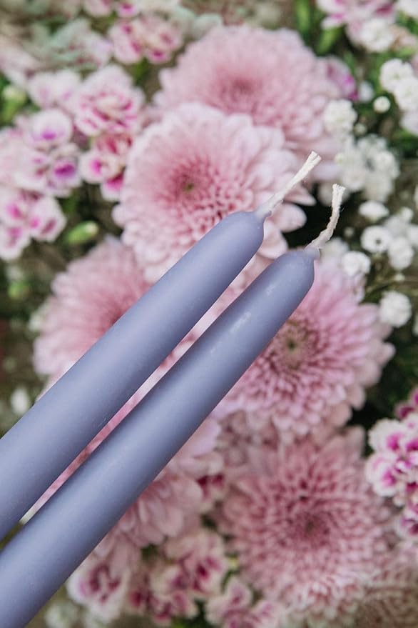 Bluecorn Beeswax Taper Candles, 100% Pure Natural Bees Wax, 8 Inch Pair, Lilac Candlesticks, Unscented, Clean Burning & Dripless, Long Lasting, Thanksgiving & Christmas Decor, American Made, 1 Count