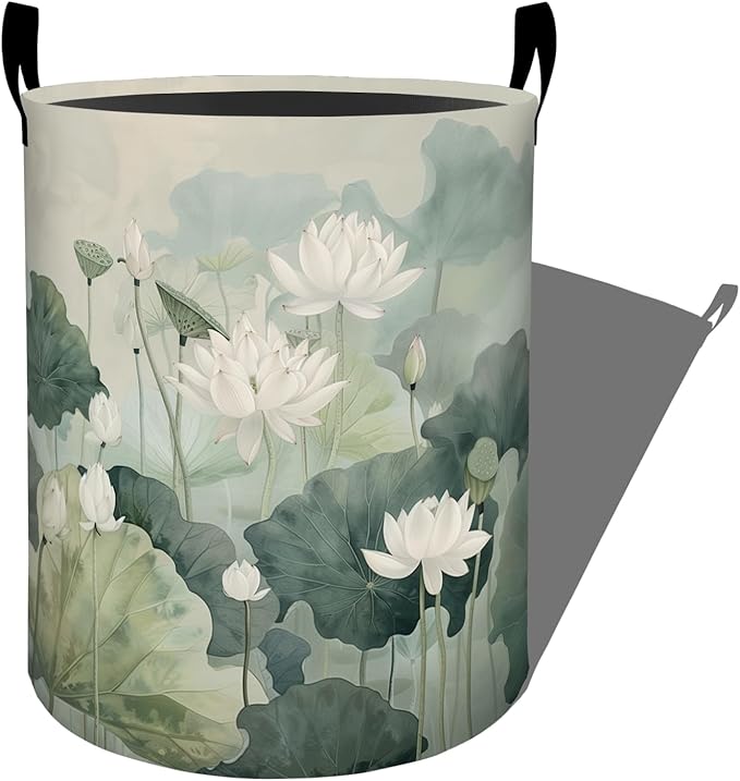 Elegant White Lotus Green Leaves Laundry Basket with Handles, 19.7"x15.7" Clothes Foldable Laundry Hamper Organizer for Dorm Nursery Bedroom Bathroom Decor, Toy Storage Bin for Kids