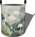 Elegant White Lotus Green Leaves Laundry Basket with Handles, 19.7"x15.7" Clothes Foldable Laundry Hamper Organizer for Dorm Nursery Bedroom Bathroom Decor, Toy Storage Bin for Kids
