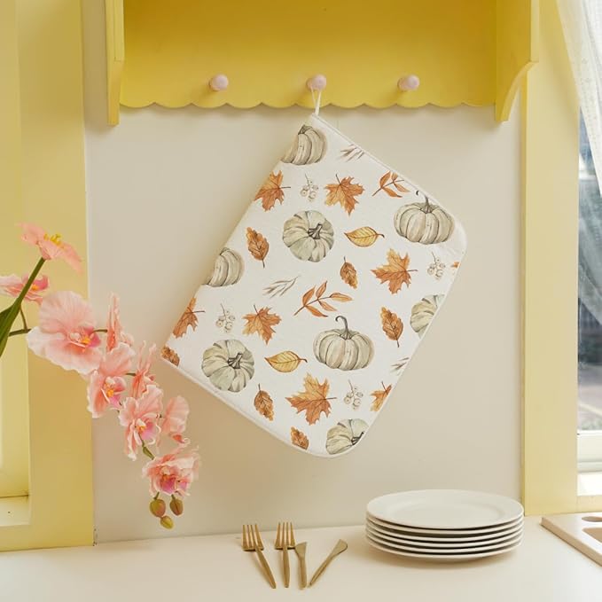 Fall Dish Drying Mat 18 x 24 Inch Thanksgiving Pumpkin Maple Leaf Drying Mat for Kitchen Counter Absorbent Farmhouse Harvest Autumn Pumpkin Dishes Dry Pad for Drainer Rack Kitchen Fast Dry