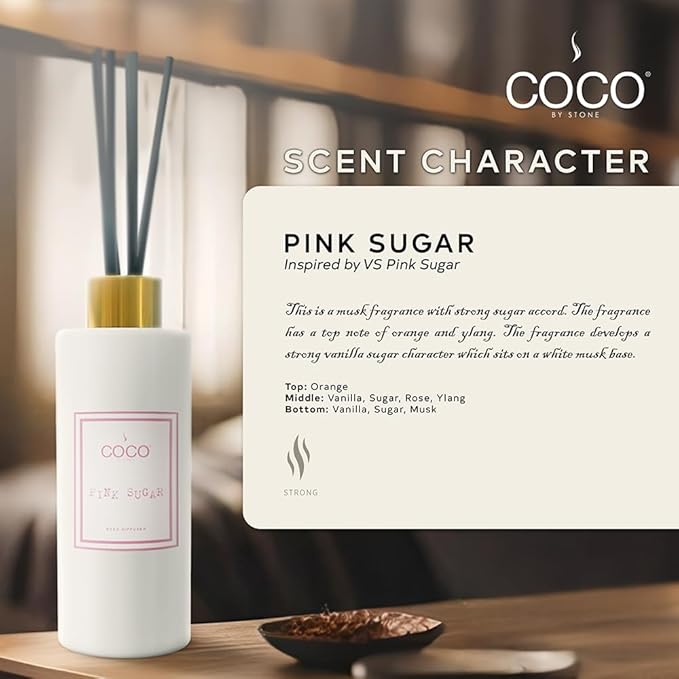 COCO by Stone 5oz Reed Diffuser (Pink Sugar) – Luxury Scented Oil Diffuser for Home Aromatherapy, Long-Lasting Vegan Fragrance, Elegant Home Décor and Air Freshener