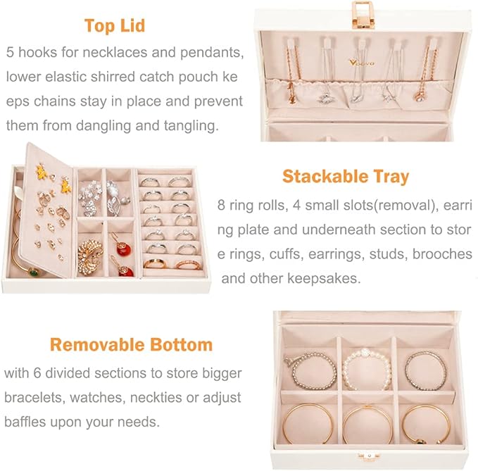 Voova Jewelry Box Organizer for Women Girls, 2 Layer Large Men Jewelry Storage Case, PU Leather Display Jewellery Holder with Removable Tray for Necklace Earrings Rings Bracelets, Vintage Gift, White