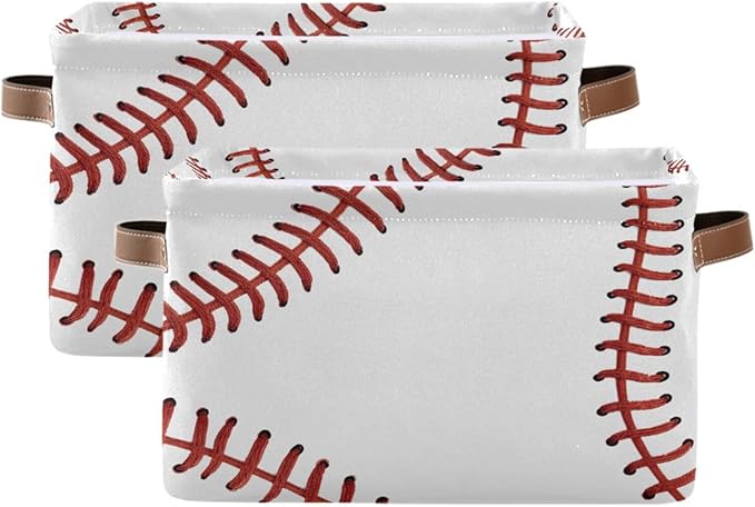 ALAZA White Baseball Softball White Foldable Storage Box Storage Basket Organizer Bins with Handles for Shelf Closet Living Room Bedroom Home Office 2 Pack