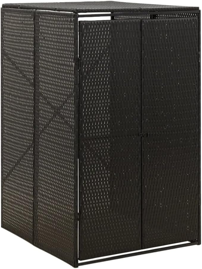 Single Wheelie Bin Shed Garbage Can Storage Shed, PE Trash Container Management Unit, Outdoor Patio Recycling Dustbin Trash Shed, Black 27.6"x31.5"x46.1" Poly Rattan -AA