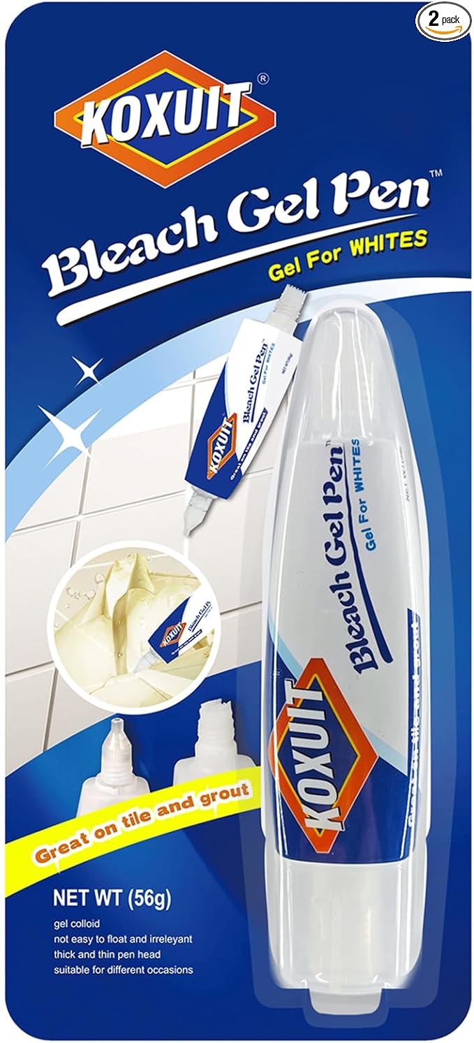 KOXUIT Portable Dual-Tip Bleach Pen for White Clothes & Grout - Travel-Ready 2-in-1 Gel Applicator with Brush Head, Non-Drip Cleaner for Bathroom Lines & On-The-Go Use (Unscented 1 Pack)
