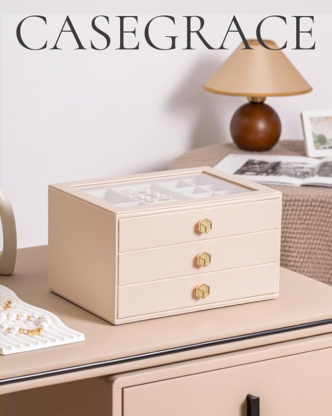 CASEGRACE Jewelry Box for Women with Glass Lid - Leather Jewelry Storage Organizer 3 Drawers for Necklaces, Rings, Earrings & Bracelets, Ideal Gift (Pink, 3 Layer)