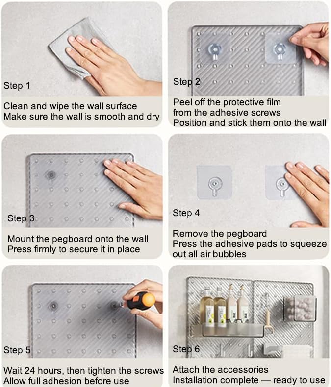 Pegboard Organizer Set for Wall, No-Drill Self-Adhesive Pegboard with Shelf, Storage Box and Hooks, Bathroom Kitchen Wall Organizer for Home Office, Light Green (Board + Shelf + Box + 5 Hooks)