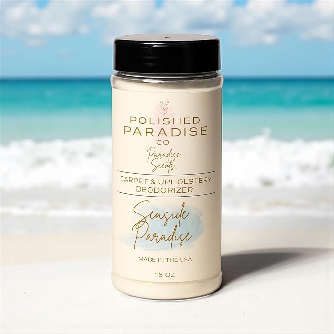 Polished Paradise Co Paradise Scents Carpet and Upholstery Deodorizer, Tropical Scent Powder for Rugs and Textiles, 16 Oz (Seaside Paradise)