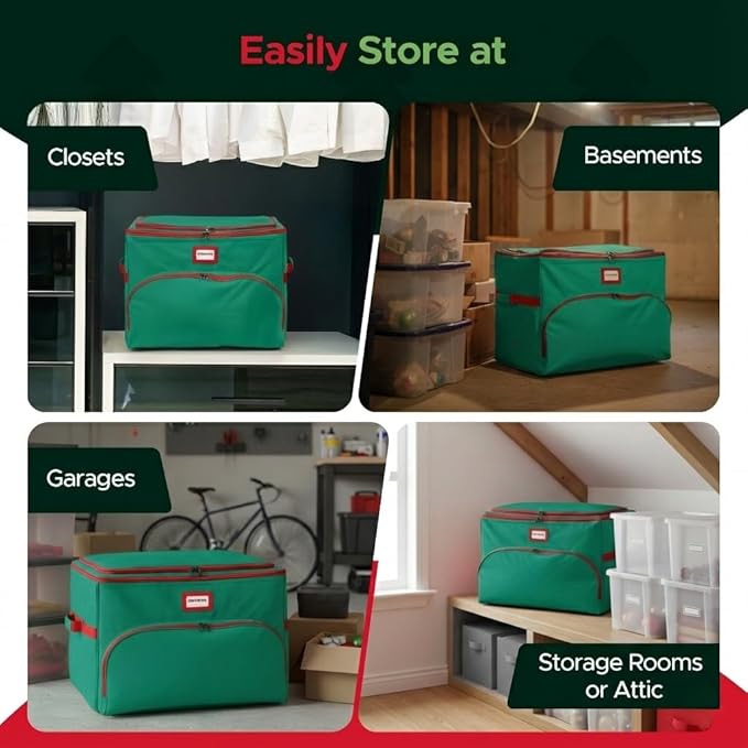 Christmas Nutcracker and Figurine Collectible Storage Box - Holds Up to 72 Ornaments 4” x 4” - Top Adjustable Compartments for Figurines, Nutcrackers, etc - Heavy Duty 600D/ Inside PVC Material, Green