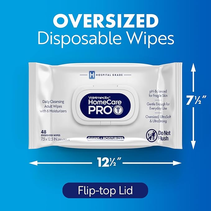 Homecare Pro Oversized Daily Cleansing Adult Wipes With 6 Moisturizers Wet Cleansing, Rinse Free, Bathing Wipes, Hospital Grade pH Balanced for Fragile Skin - | 48 Count XL |- 12 Pack