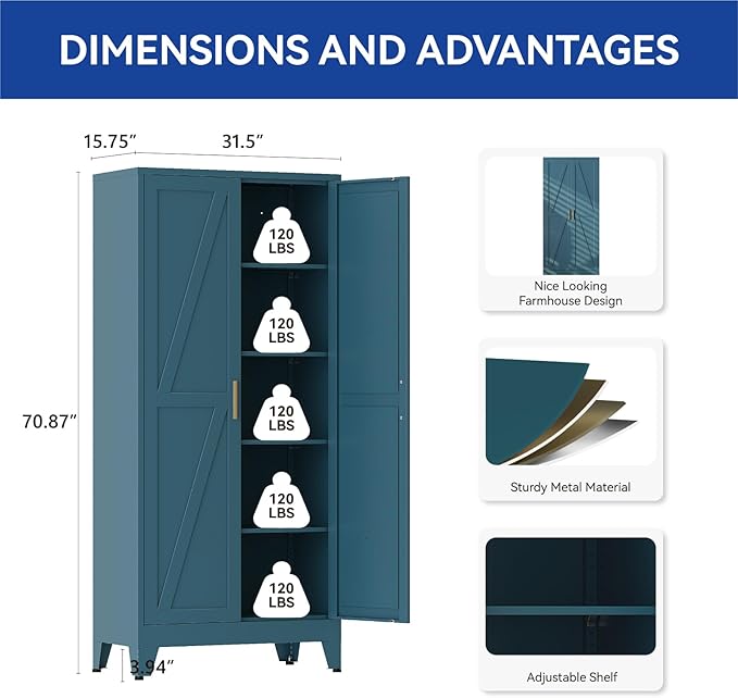 COFaR 71'' Tall Metal Pantry Cabinet, Kitchen Storage Cabinet with Doors and Shelves, Freestanding Farmhouse Food Cupboard for Kitchen Dinning Room Garage, Peacock Blue 5-Tier