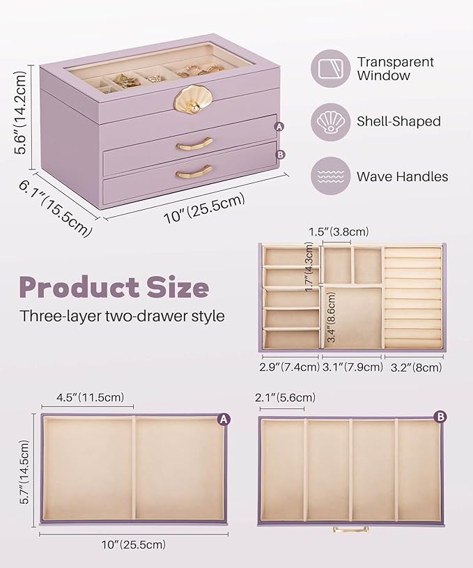 Jewelry Box with 2 Drawers: Jewelry Display Organizer for Earrings Necklaces - Gifts for Girls Women (Grey Purple)