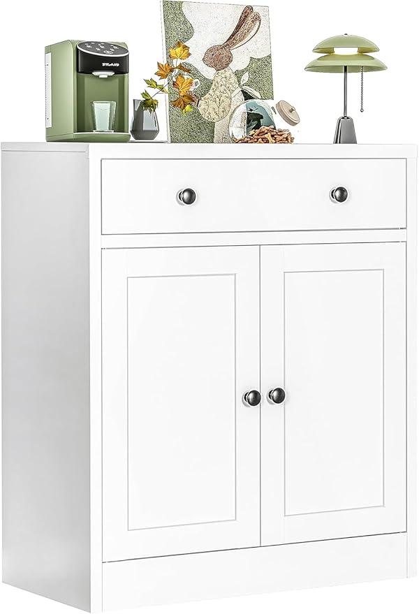 CJF Metal Pantry Cabinet, Coffee Bar Cabinet with Drawer & Adjustable Shelf, Sideboard Cabinets Kitchen Storage, Coffee Bar, Bathroom, Entryway, Home Office, Pantry-White
