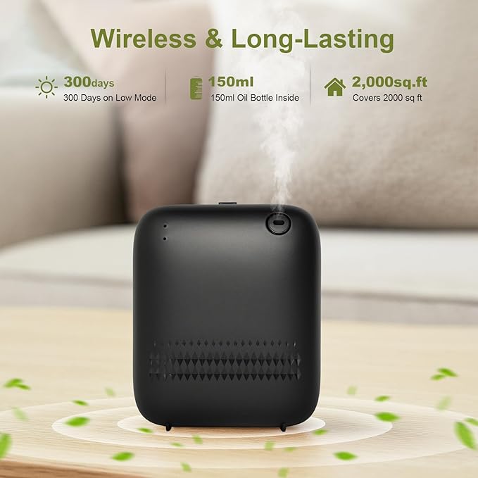 Waterless Diffuser,Wireless Essential Oil Battery Operated,2000 Sq Ft,Safety Lock,Quiet,Bluetooth App,Hotel Home Collection Scent Machine - Black