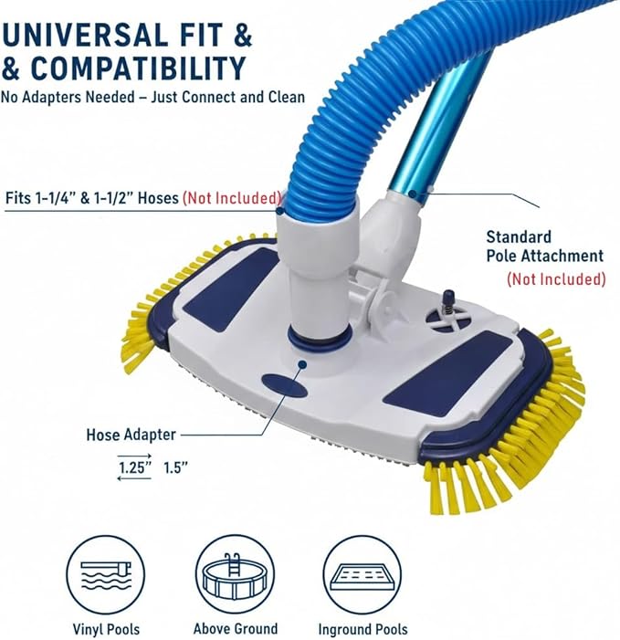 Weighted Pool Vacuum Head, Vinyl-Safe No Wheels Manual Cleaner with Air Relief Valves，Multi-Directional Brushes for Above Ground & Inground Pools, Universal Fit for 1-1/4" & 1-1/2" Hoses
