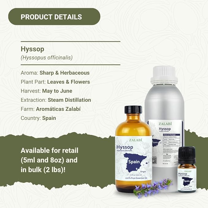 Hyssop Essential Oil - Direct from Aromáticas Zalabí Spain - Steam Distilled - Aceite de Hisopo for Aromatherapy, Massage, Diffuser, DIY Candle and Soap Making - 5ml
