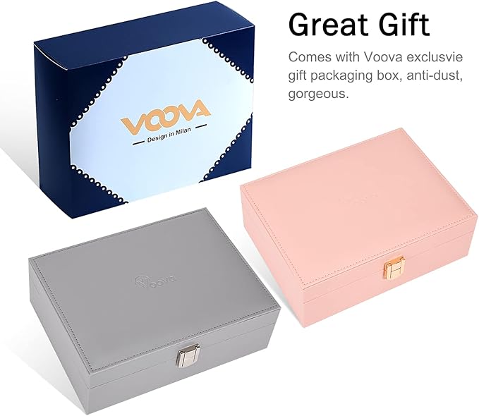 Voova Jewelry Box Organizer for Women Girls,2 Layer Large Men Jewelry Storage Case, PU Leather Display Jewellery Holder with Removable Tray for Necklace Earrings Rings, Grey